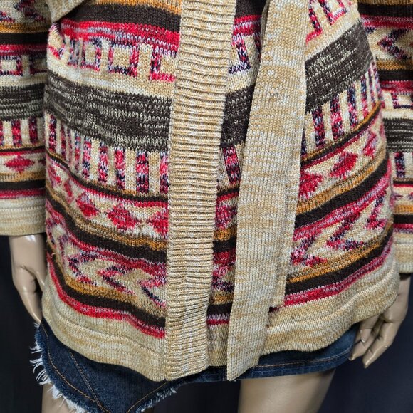 Vintage 70s Boho Belted Cardigan Womens Size S Beige Aztec Print Flared Sleeves - Picture 4 of 11